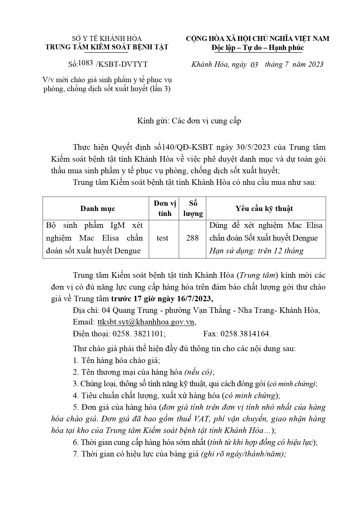 Mời chào giá sinh phẩm y tế phục vụ phòng, chống dịch sốt xuất huyết (lần 3)